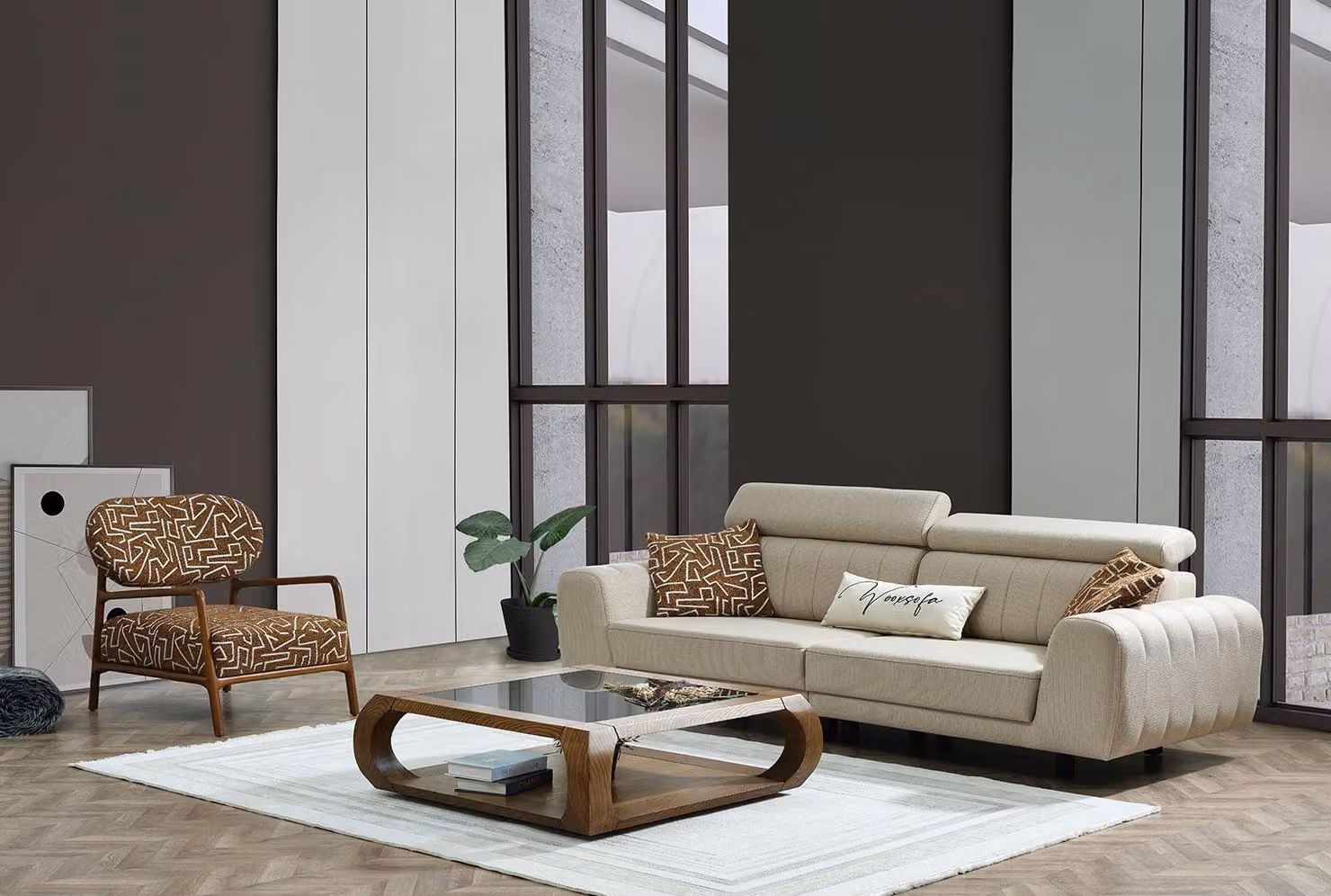Sofagarnitur Stoffsofa Polstersofa Dreisitzer Sessel Beige Sofa 2tlg