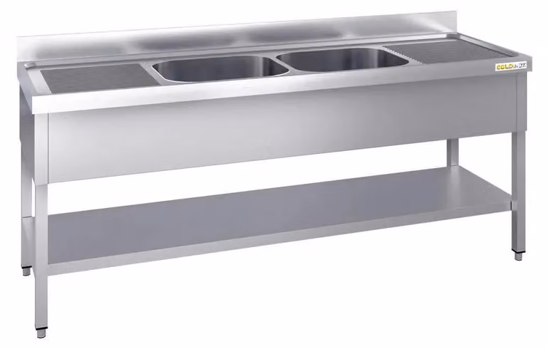 Lavello in acciaio inossidabile, dimensioni 2000x600 mm, con 2 vasche centrali e scolapiatti a sinistra e a destra, modello PREMIUM - GOLDINOX