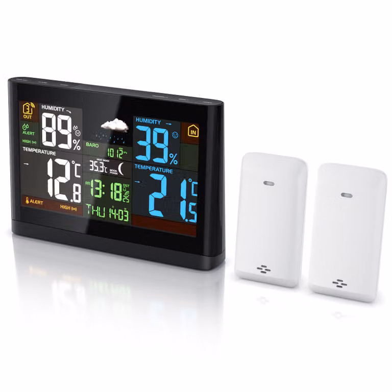 Stazione meteo wireless BEARWARE con display a colori, stazione meteo wireless con 2 sensori esterni, pressione dell'aria, andamento della temperatura, previsioni del tempo