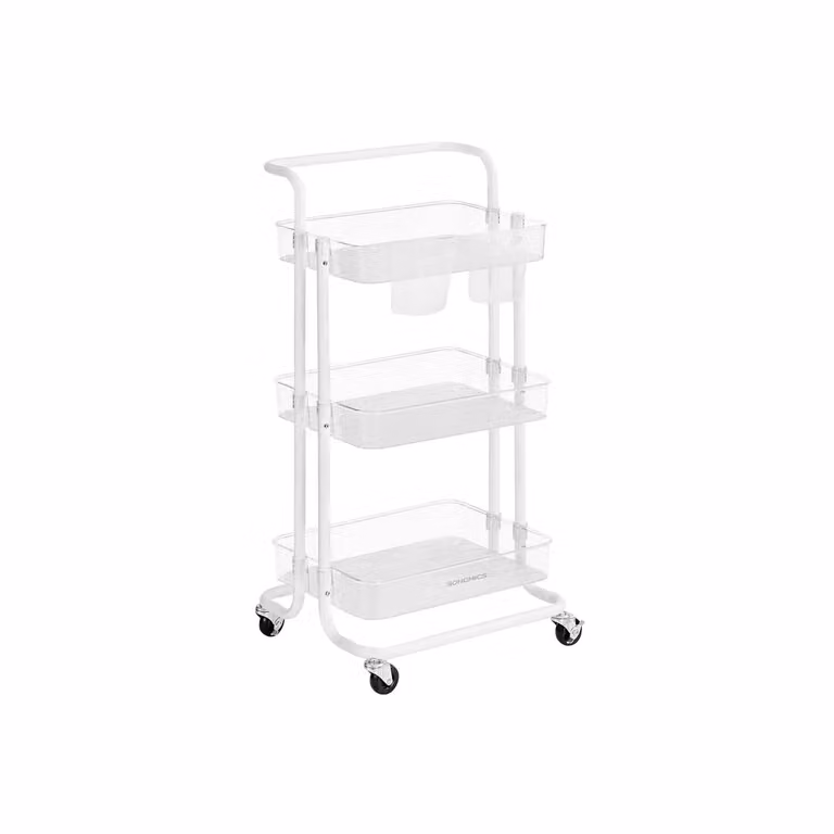 Carrello Multiuso con Ruote Manico e Organizzatori, Bianco + Trasparente / 3 Livelli(86,3H cm)