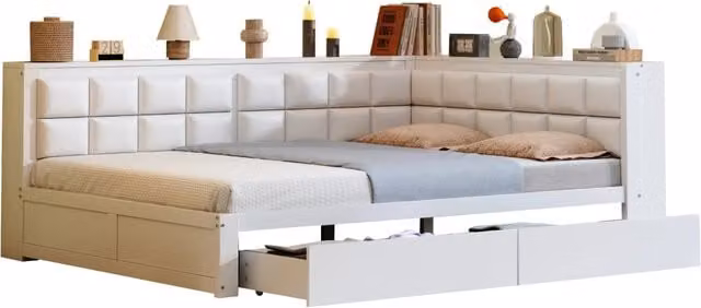 Letto a Divanetto Moderno in Legno di Pino e Tessuto con 2 Cassetti e Schienale Imbottito, Colore Bianco, L/P/H: 140 x 200 cm