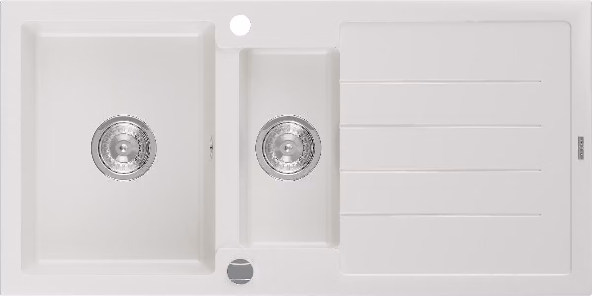 Mexen Andres lavello in granito 1,5 vasca con scolapiatti 1000 x 500 mm, bianco, sifone cromato - 6515101510-20