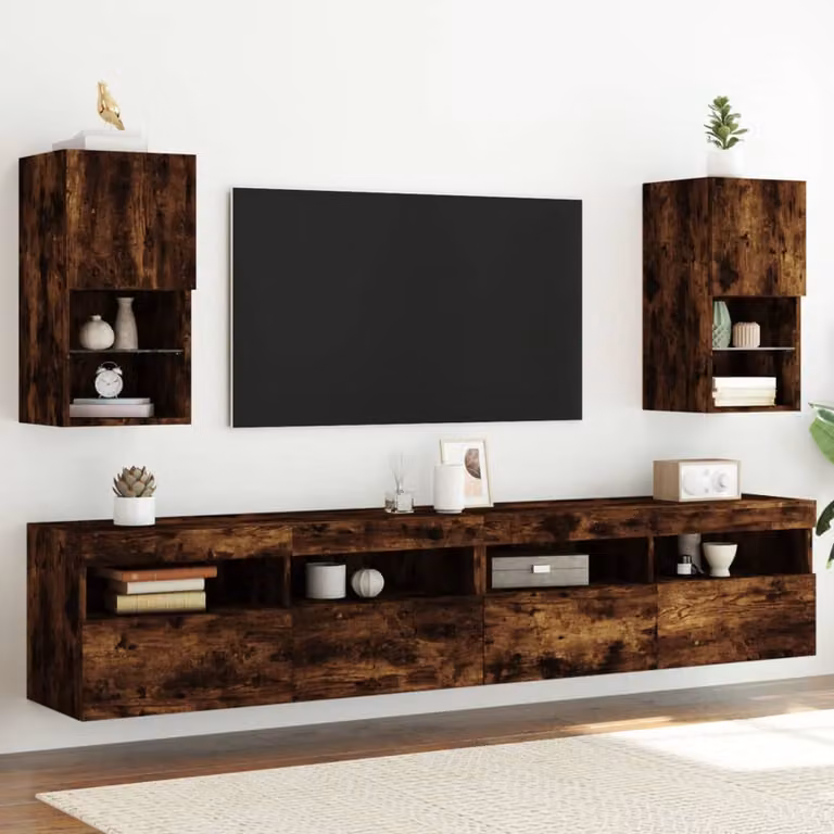 Set di 2 mobili porta TV moderni vidaXL con luci LED integrate in rovere fumo, sospesi a parete, L/P/H: 30,5 x 30 x 60 cm