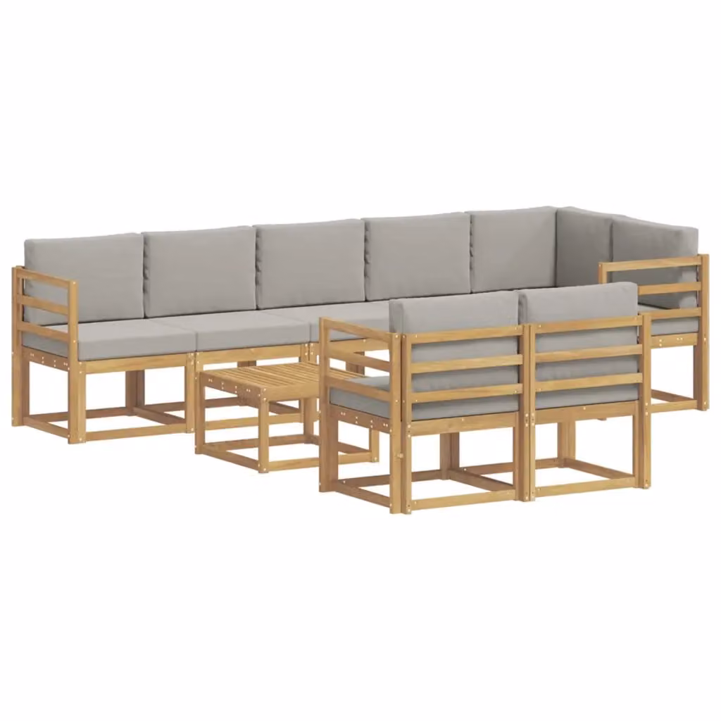 Set di divani da esterno a L con tavolino vidaXL, 9 pezzi, in legno di acacia trattato, Bianco e Grigio – 2