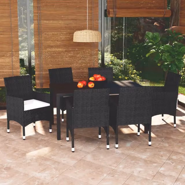 Set da Pranzo per Giardino 7 pz con Cuscini Polyrattan Nero 3095012