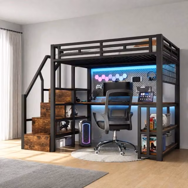 Letto a soppalco ULEVR 140x200 cm con scrivania, LED, USB e contenitori, metallo e MDF nero