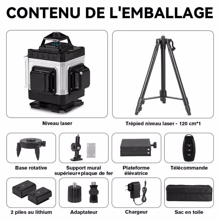 Livella laser a 4D - 16 linee - Autolivellante - 360° orizzontale e verticale - Portata 25 m - Precisione ±1 mm/7 m - Kit con treppiede da 120 cm