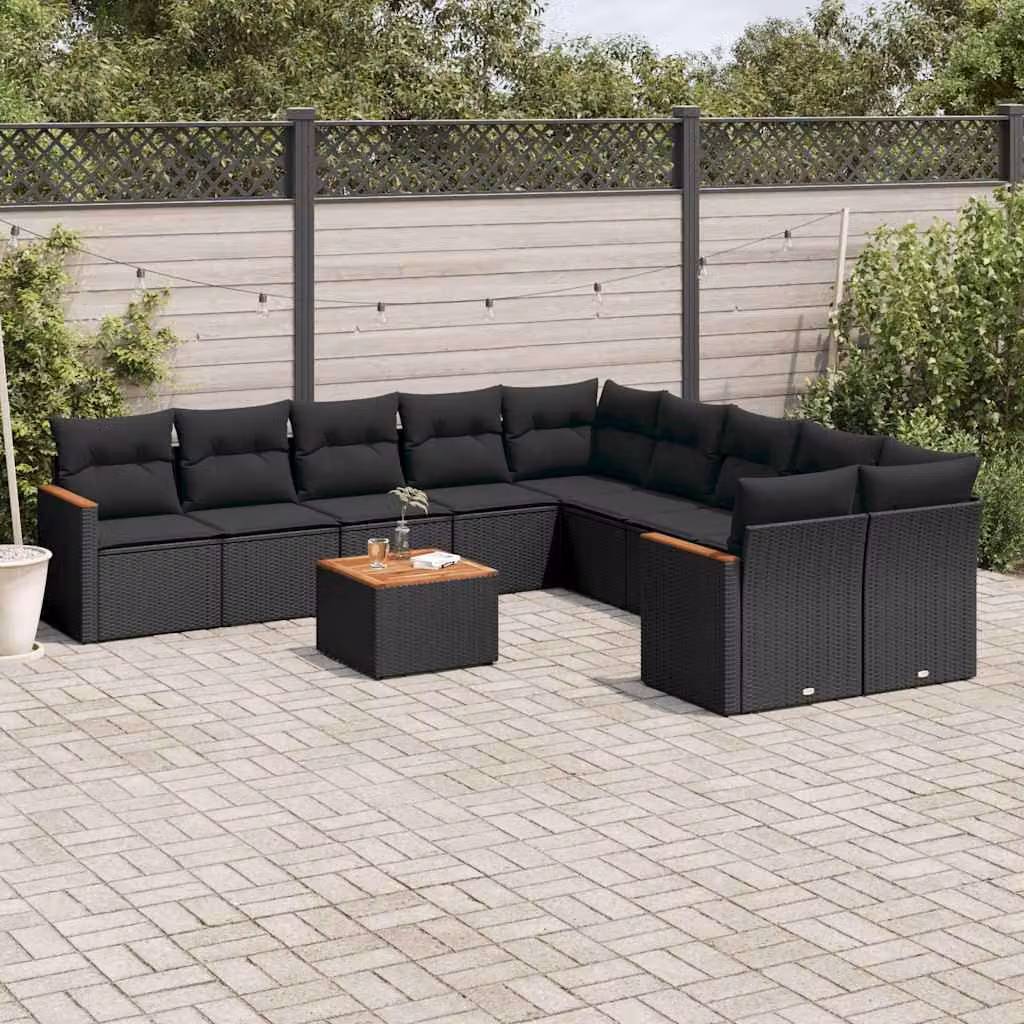 vidaXL Set Divani da Giardino 11 pz in Polyrattan Nero con Cuscini e Tavolino da Esterno – 1
