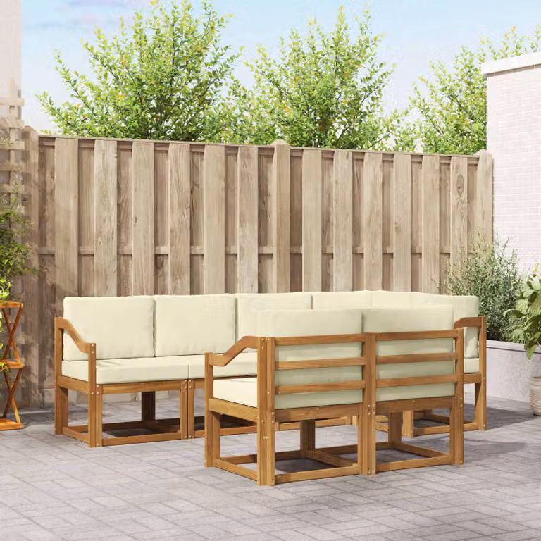 Set di divani da esterno vidaXL a forma di L composto da 7 pezzi in legno di acacia con cuscini in beige, bianco e marrone