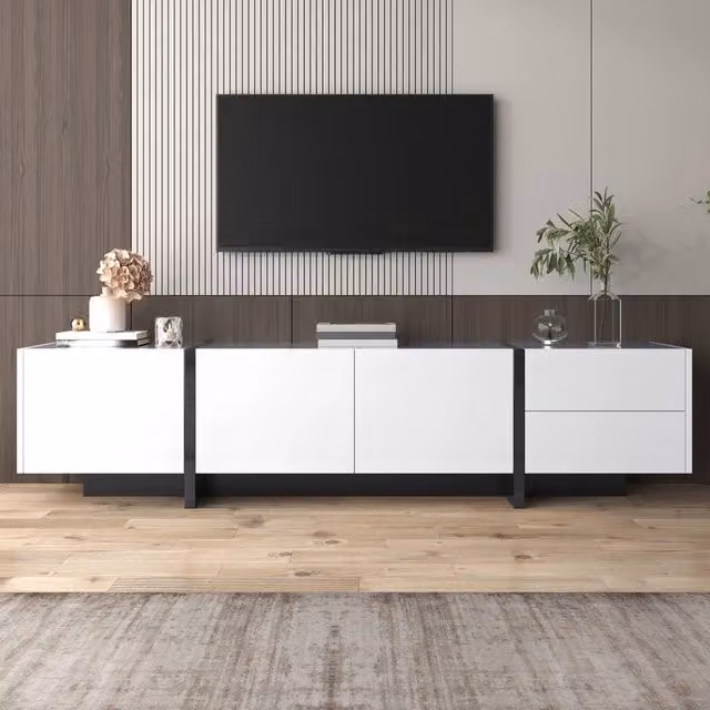 Mobile TV Lowboard ¨C Xylo ¨C Bianco Lucido e Nero con Ante, Cassetto e Ripiani