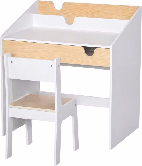Set Scrivania e Sedia per Bambini Minimal Bianco e Naturale L 70 cm, P 50 cm, H 75 cm