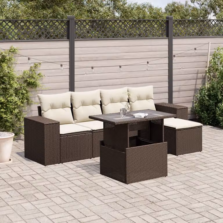 Set Divano da Giardino vidaXL 6 pz a Forma a L con Cuscini Marrone e Bianco in Polyrattan e Acciaio