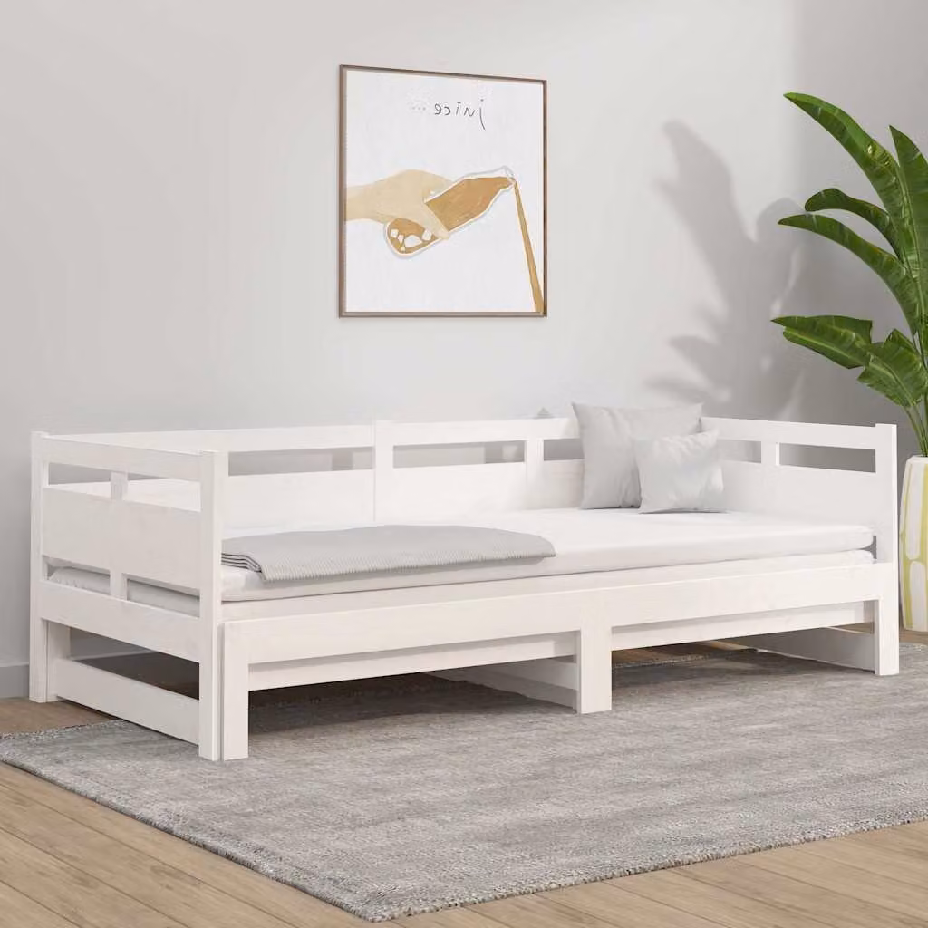 vidaXL Divano Letto Estraibile in Legno Massello di Pino Bianco con Rivestimento in Tessuto L/P/H: 181 x 90 x 203,5 cm – 1