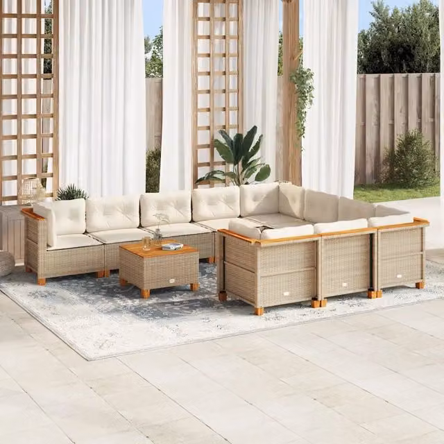 Set di Divani da Giardino a Forma di U vidaXL in Polyrattan con Cuscini Beige e Tavolino da Caffè – 1