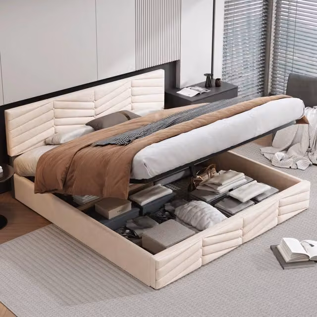 Letto matrimoniale 180x200 cm in velluto beige con testiera regolabile e contenitore
