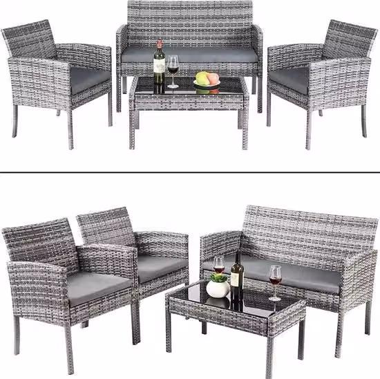 Set da Giardino - Mobili da Giardino - Giardino Esterno - 2x Sedie da Giardino + Tavolo da Salotto + Bancarella - Con Cuscino per Patio Terrazza Piscina Giardino Posteriore