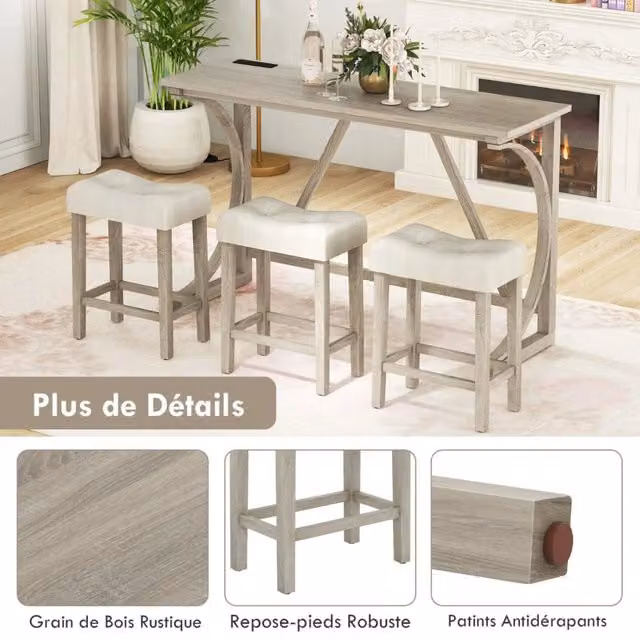 Set Tavolo Alto da Bar 4 Pezzi con Prese Elettriche e USB 3 Sgabelli Imbottiti Grigi in Legno Massello Salvaspazio