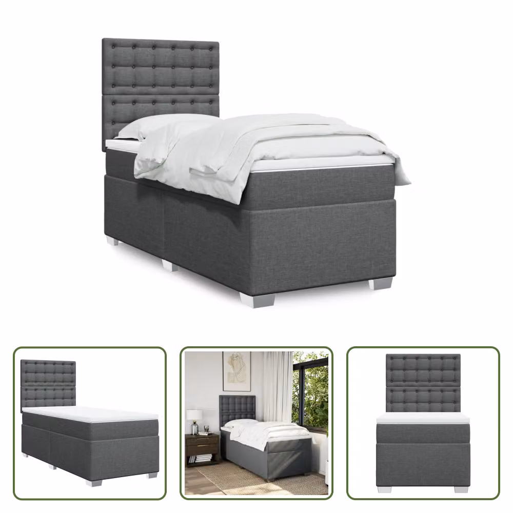 The Living Store Letto a molle con materasso grigio scuro 100x200 cm in tessuto