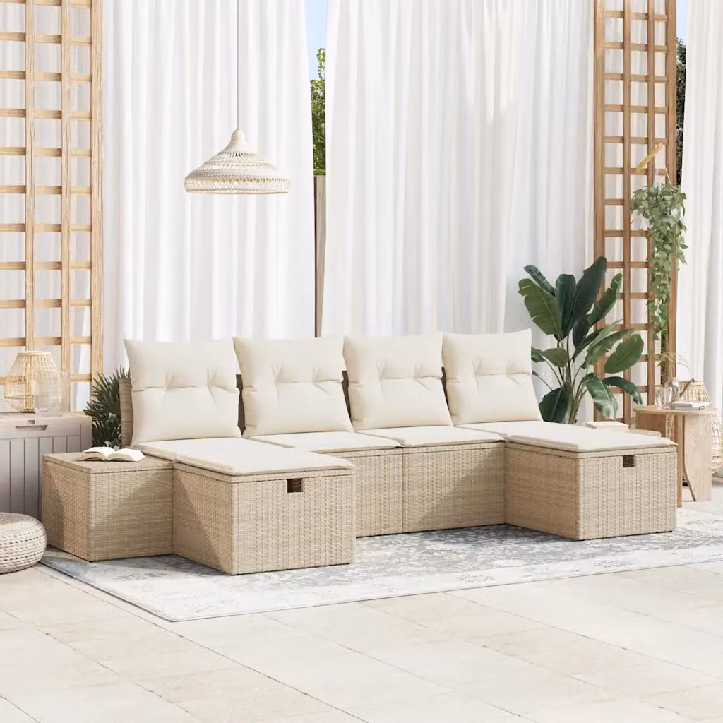Set Divano da Giardino a L vidaXL in Polyrattan Beige con Cuscini e Ottoman, 6 Pezzi