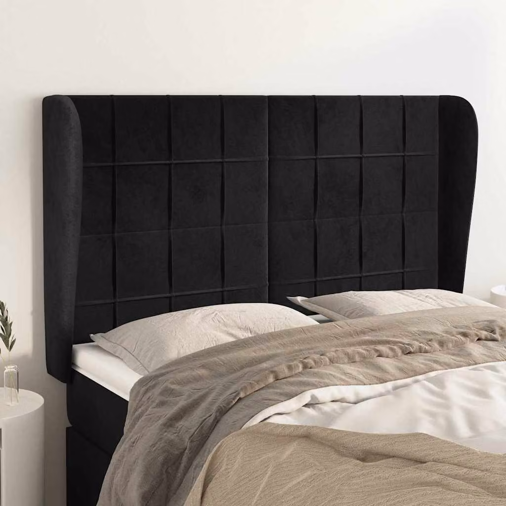 Testiera ad orecchio vidaXL in velluto nero con struttura in legno L: 147 cm, P: 23 cm, H: 118/128 cm