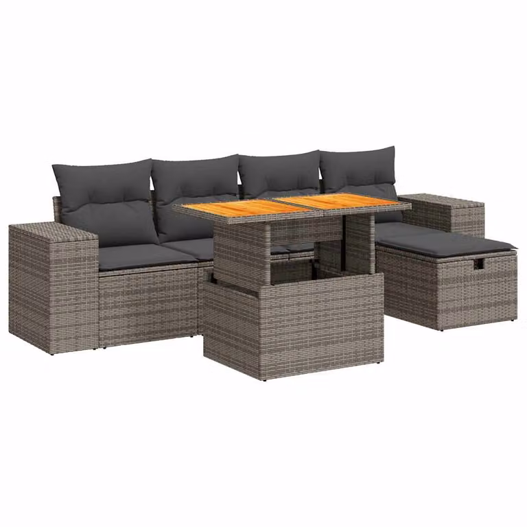 Set Divano da Giardino 6pz con Cuscini Grigio Polyrattan Acacia