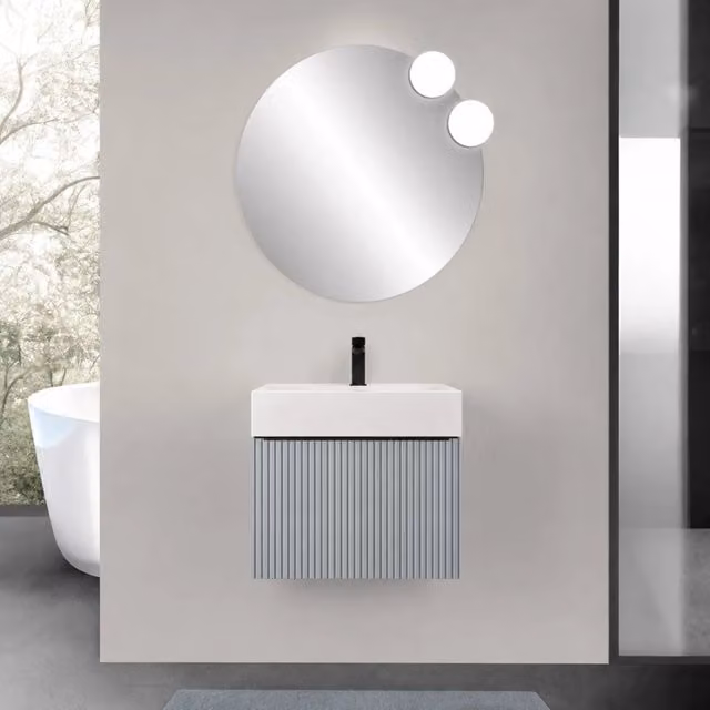 Mobile bagno sospeso 70 cm azzurro polvere con un cassetto e lavabo alto in resina Nara