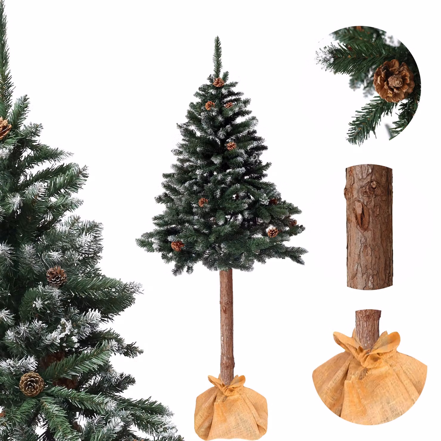 Albero di Natale artificiale a tronco, altezza 150 cm, modello "pino diamante" con pigne innevate