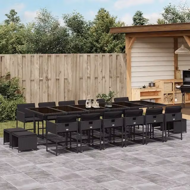 Set da Pranzo da Giardino 17 pz con Cuscini Nero in Polyrattan 3211363