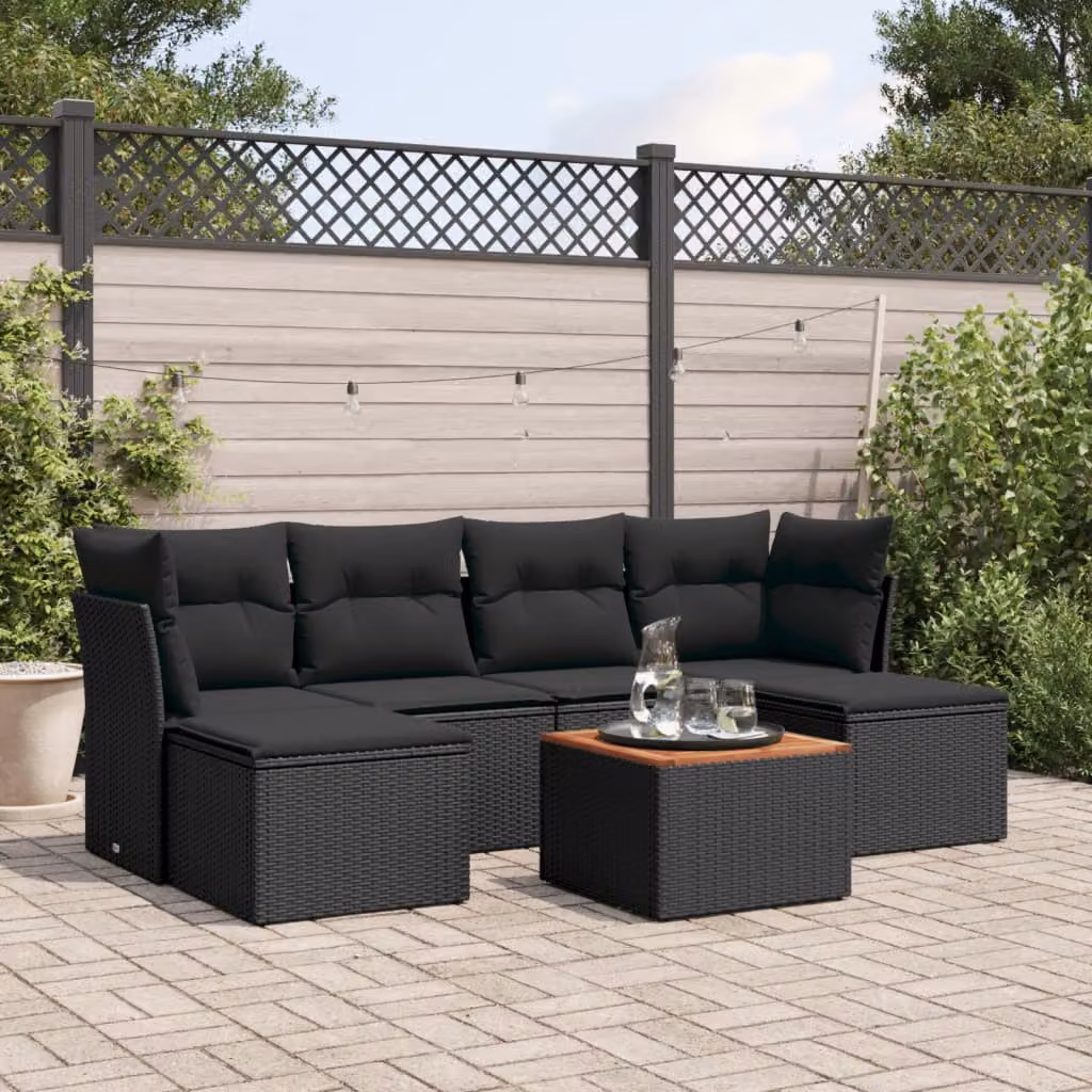 Set Divani da Giardino vidaXL in Polyrattan Nero con Cuscini e Tavolino da Esterno 7 Pezzi – 1
