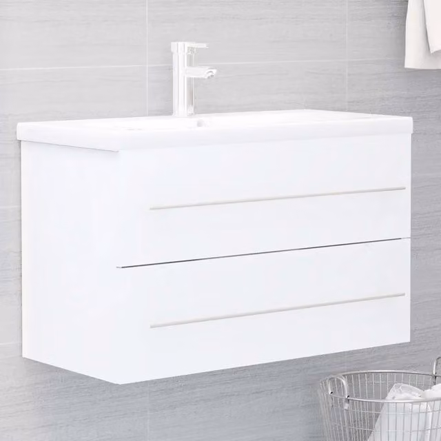Mobile da bagno moderno vidaXL con lavabo integrato bianco e legno, sospeso, con ante e cassetti L/P/H: 80.0 x 38.5 x 48.0 cm