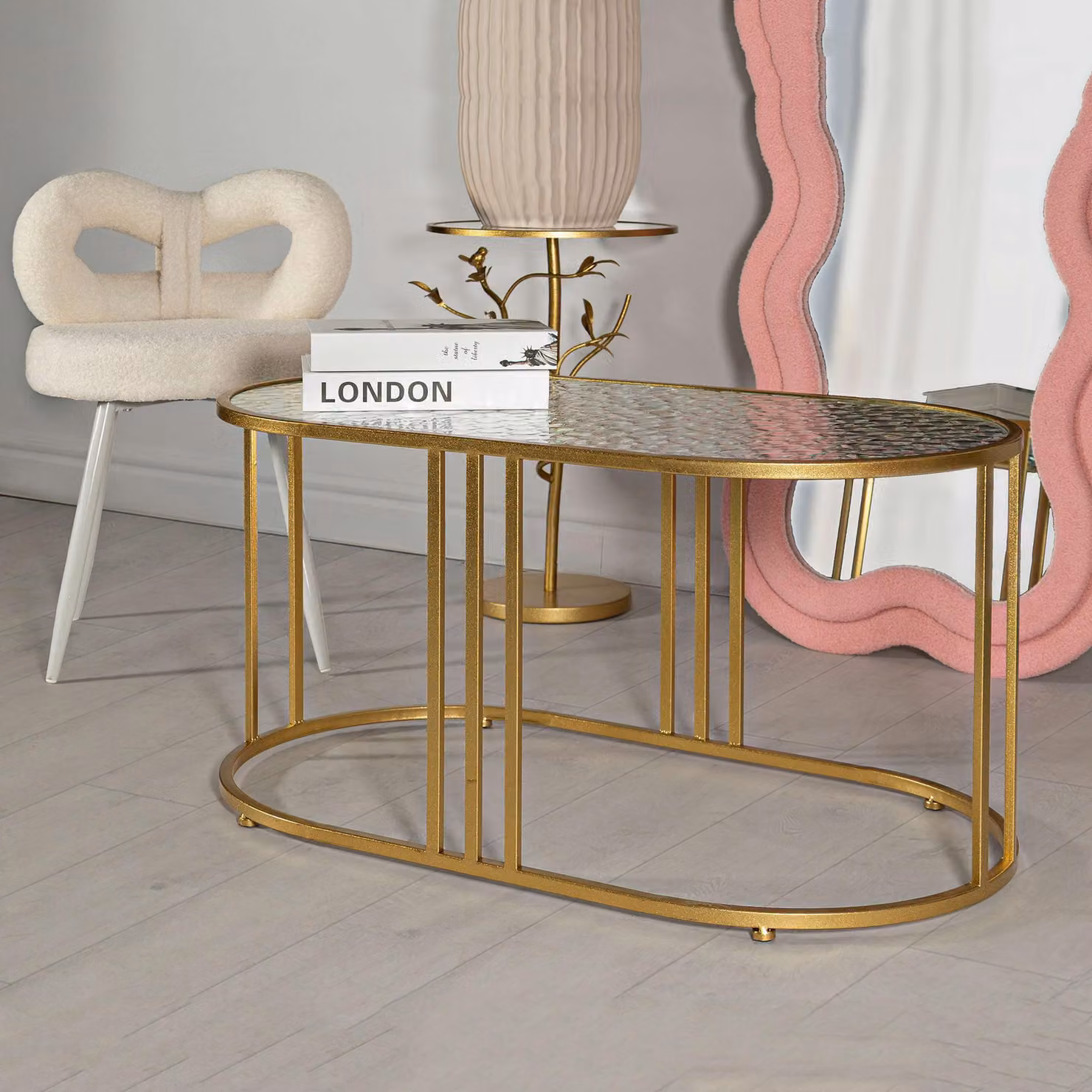 Fadali - Tavolino da Salotto, 90x50x45h cm oro, Forma Ovale