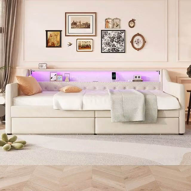 Letto a cassetti - Xylo - 90x200 cm - Lino Beige - Luci ambientali telecomando