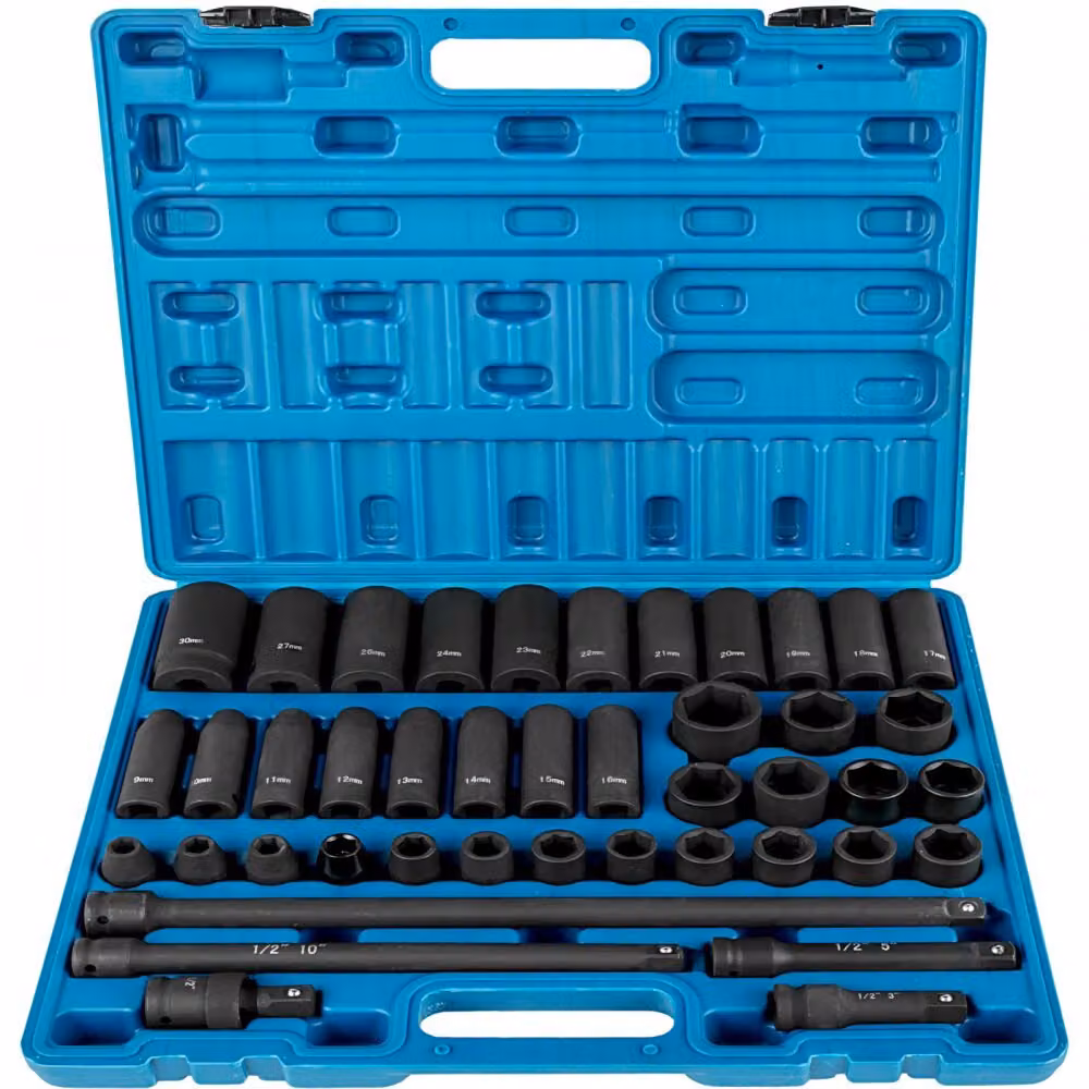 Set di chiavi a bussola da 1/2 pollice, set di chiavi a percussione da 43 pezzi, assortimento di chiavi a bussola standard, metriche 9-30 mm, set di chiavi a bussola a 6 punte