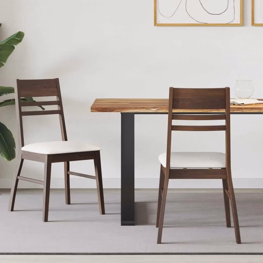 Set di 2 sedie da pranzo in legno di gomma con rivestimento in tessuto marrone opaco L/P/H: 43 x 54 x 89 cm – 2