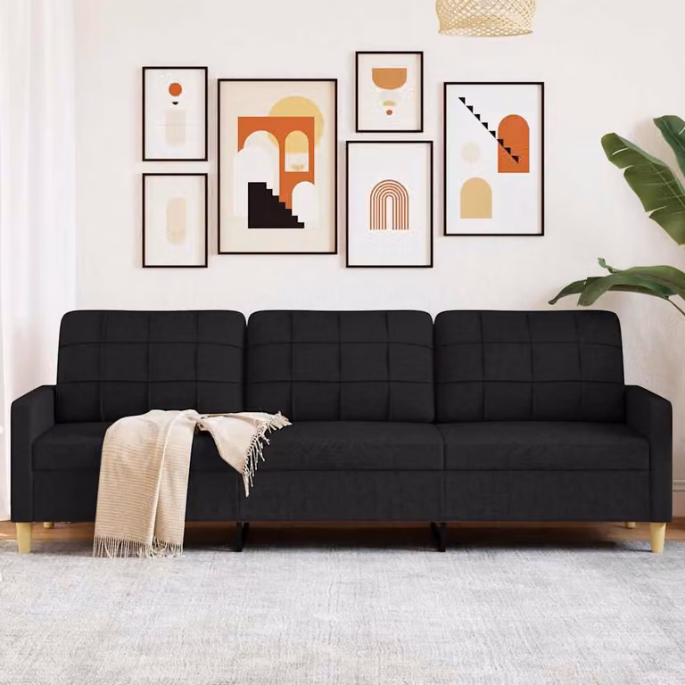 Divano a 3 posti moderno vidaXL in tessuto nero con struttura in metallo L: 226 cm, P: 80 cm, H: 77 cm
