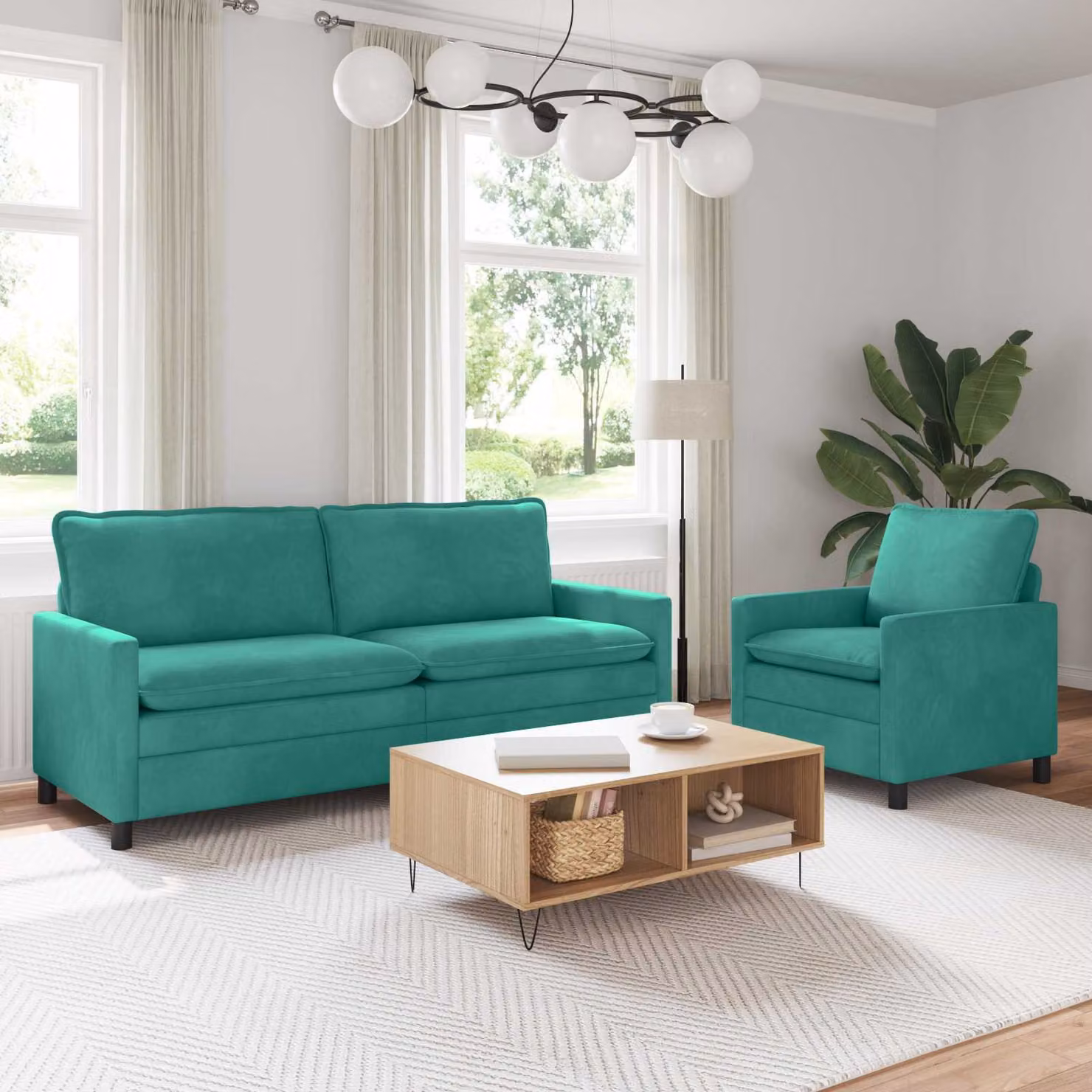 Set di 2 divani moderni vidaXL in velluto turchese con cuscini inclusi e coperture rimovibili
