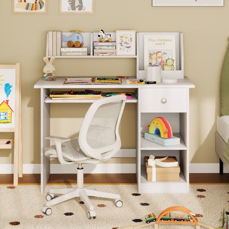 Costway Scrivania per bambini legno con vassoio per tastiera e cassetto, Scrivania per bambini libreria laterale e mensole superiori Bianco