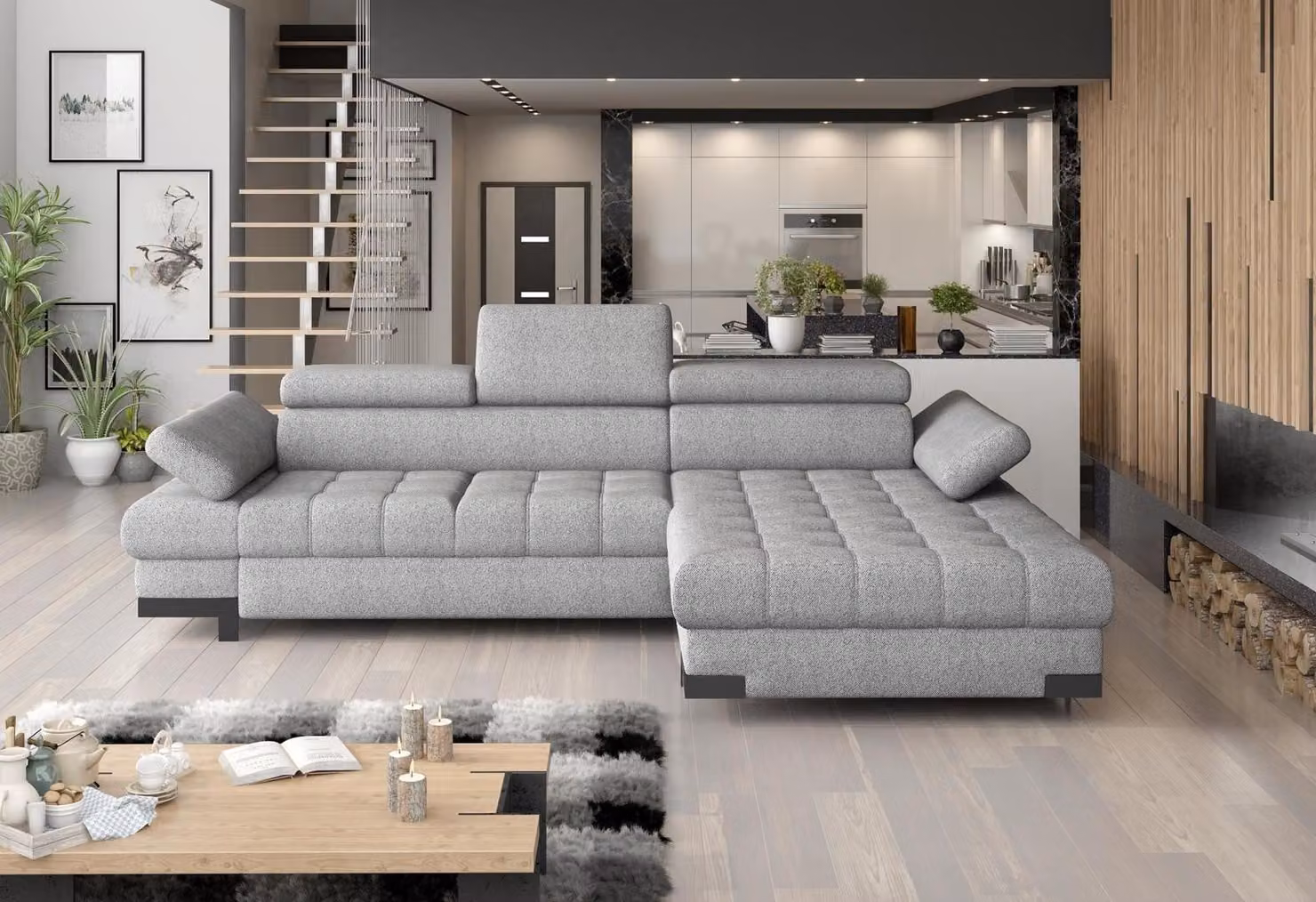 Divano angolare design, con funzione letto, rivestito in pelle e tessuto, divano multifunzionale in tessuto