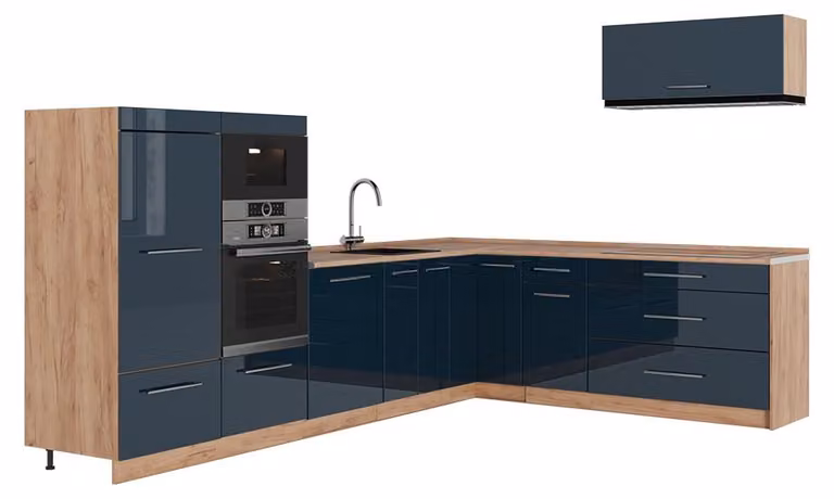 Cucina angolare completa Vicco Fame-Line Blu scuro lucido/Rovere dorato 327 x cm, PL Rovere, Model 65748