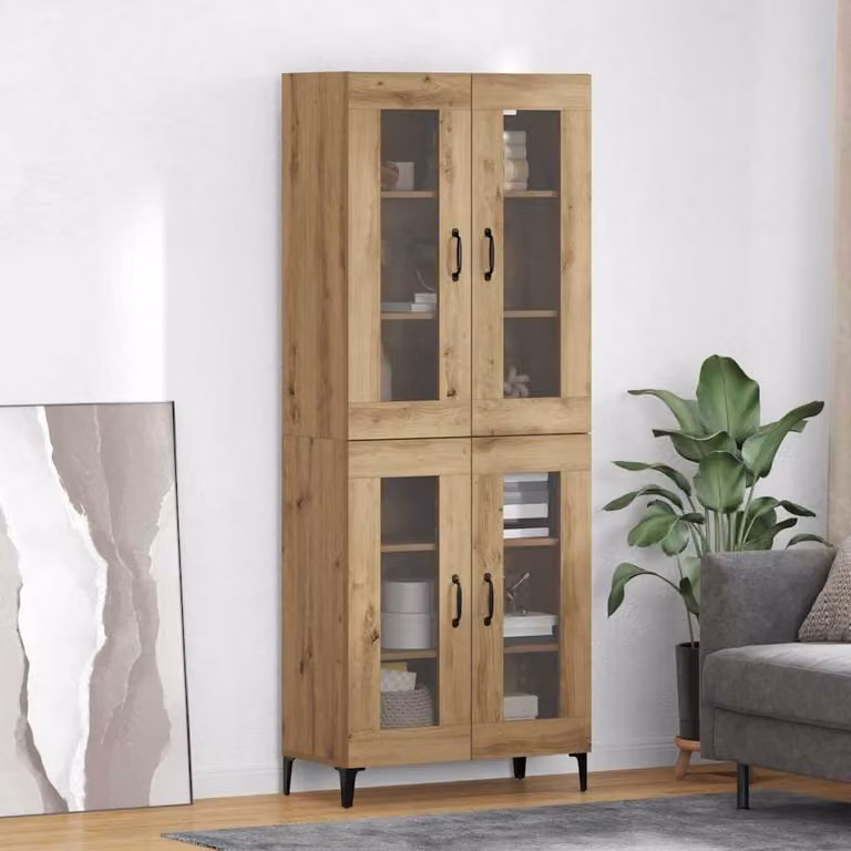 Credenza moderna vidaXL in rovere e metallo con ante in vetro, colore marrone, L: 69,5 cm, P: 34 cm, H: 180 cm