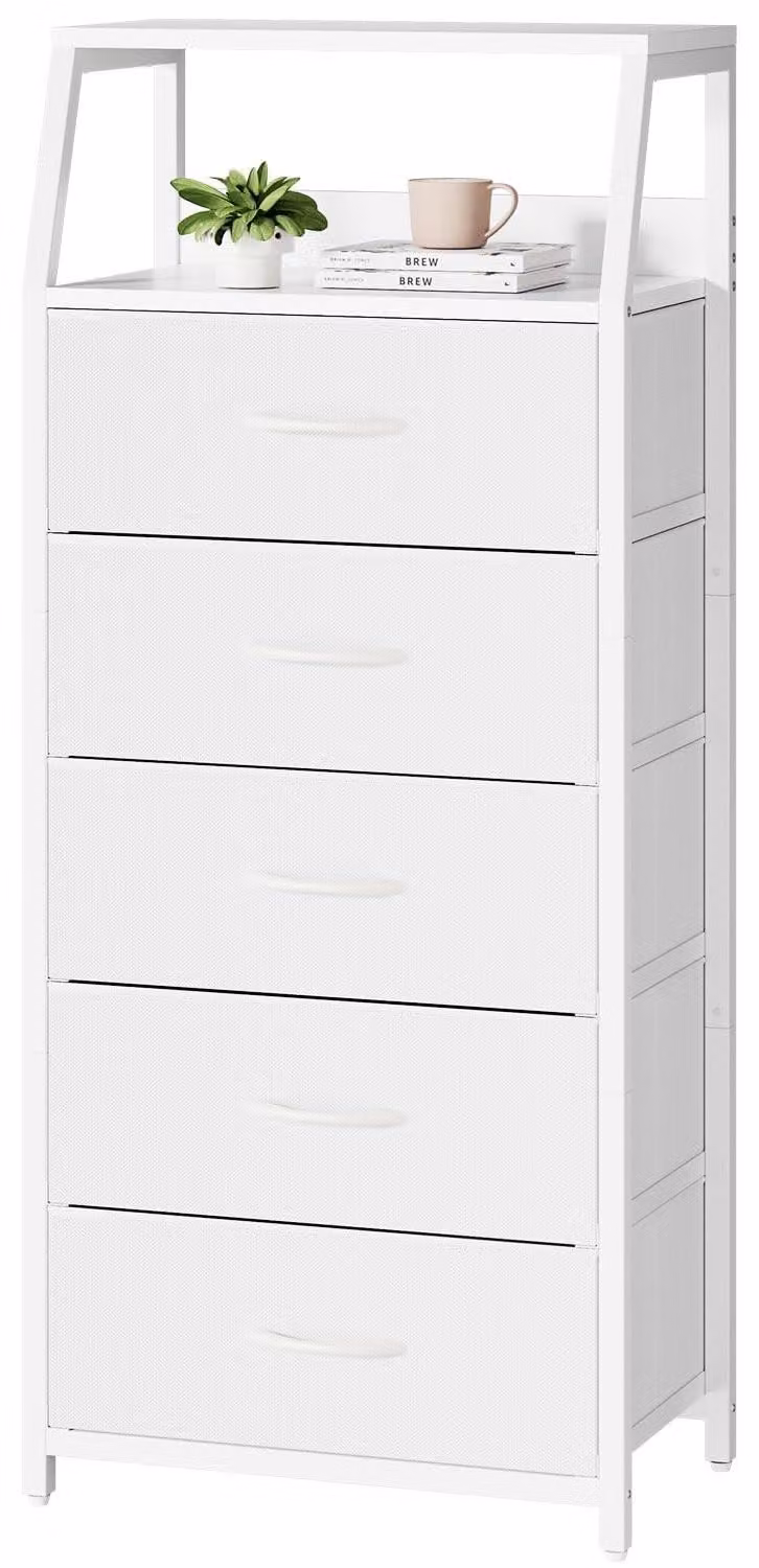 Comodino con 5 cassetti rivestiti in tessuto, colore bianco
