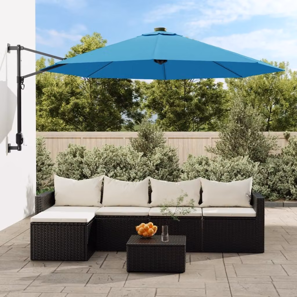 The Living Store Ombrellone da parete con LED Blu mare 290 cm