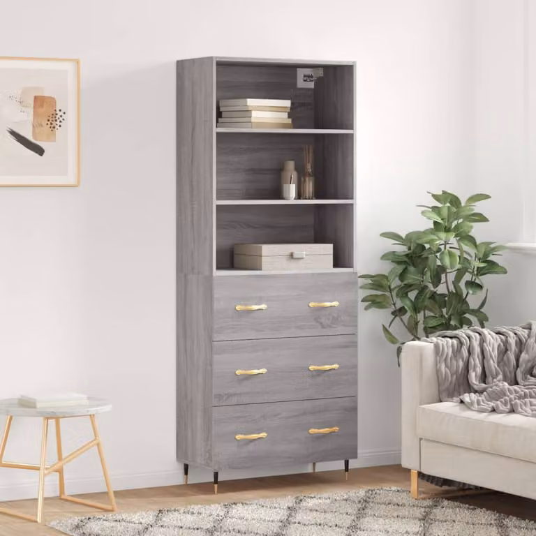 Credenza moderna vidaXL in legno multistrato e metallo, Grigio Sonoma, L: 69,5 cm, P: 34 cm, H: 180 cm