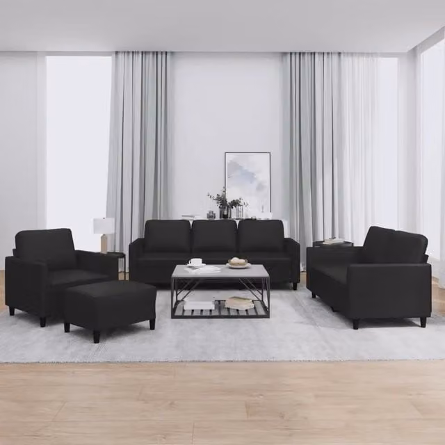 Set di divani moderno vidaXL in similpelle nera composto da divano a 3 posti, divano a 2 posti, pouf e cuscini decorativi