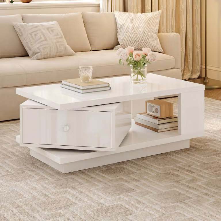 Tavolino da caffè lucido MODFU, bianco, con cassetto girevole, ripiano aperto, spazio contenitivo, dimensioni 90x48x35 cm