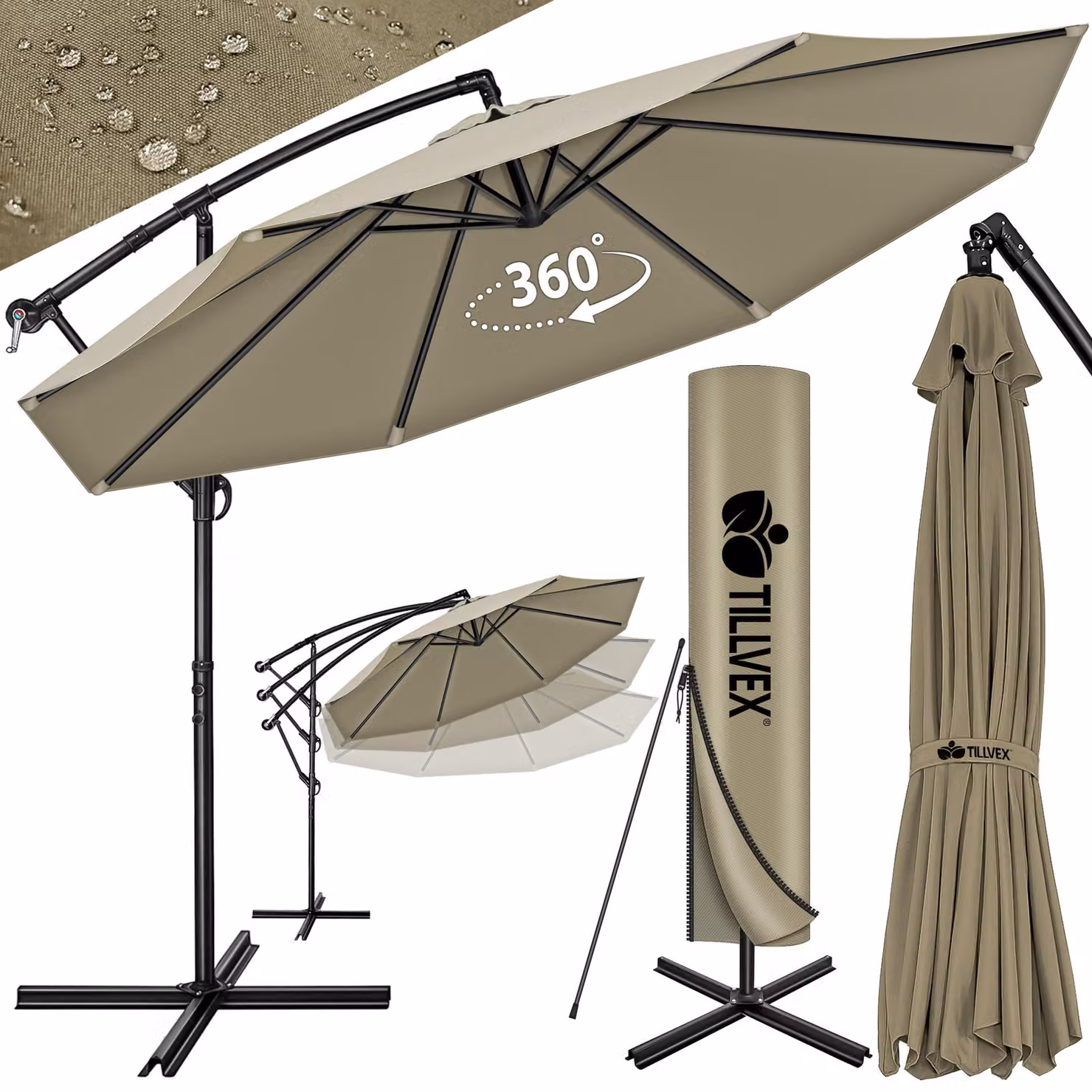 tillvex ombrellone marrone Ø 350 cm ombrellone pensile da giardino ombrellone da mercato ombrellone a manovella balcone alluminio inclinabile marrone - Ø350cm
