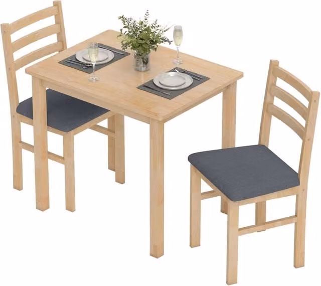Set da pranzo composto da 3 pezzi con tavolo e 2 sedie, tavolo da cucina per spazi compatti, sedie imbottite, salvaspazio, MDF, legno naturale