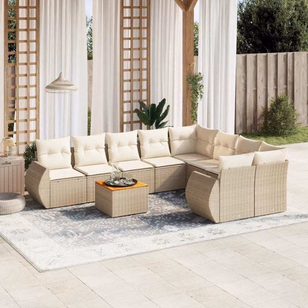 vidaXL Set Divano da Giardino 9 pz a forma di U in Polyrattan con Cuscini Beige e Tavolino da Esterno – 1