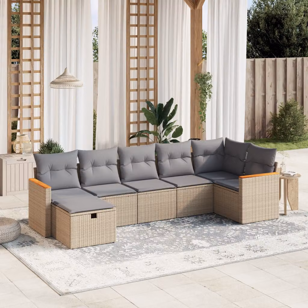 vidaXL Set Divano da Giardino a L 7 pz con Cuscini Beige e Grigio in Polyrattan e Metallo – 1
