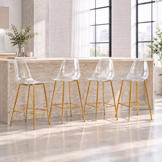 Set di 4 sgabelli da bar trasparenti con struttura in metallo in argento, oro o nero, design moderno per cucina o sala da pranzo